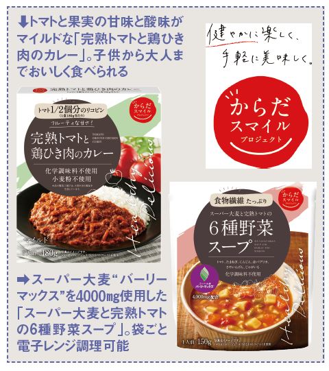 日本アクセス「完熟トマトと鶏ひき肉のカレー」と「スーパー大麦と完熟トマトの6種野菜スープ」