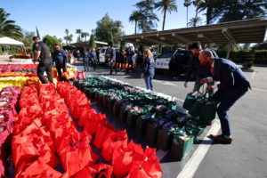米ロサンゼルスで、ホームレスの人々に配る食糧を車に積むボランティア