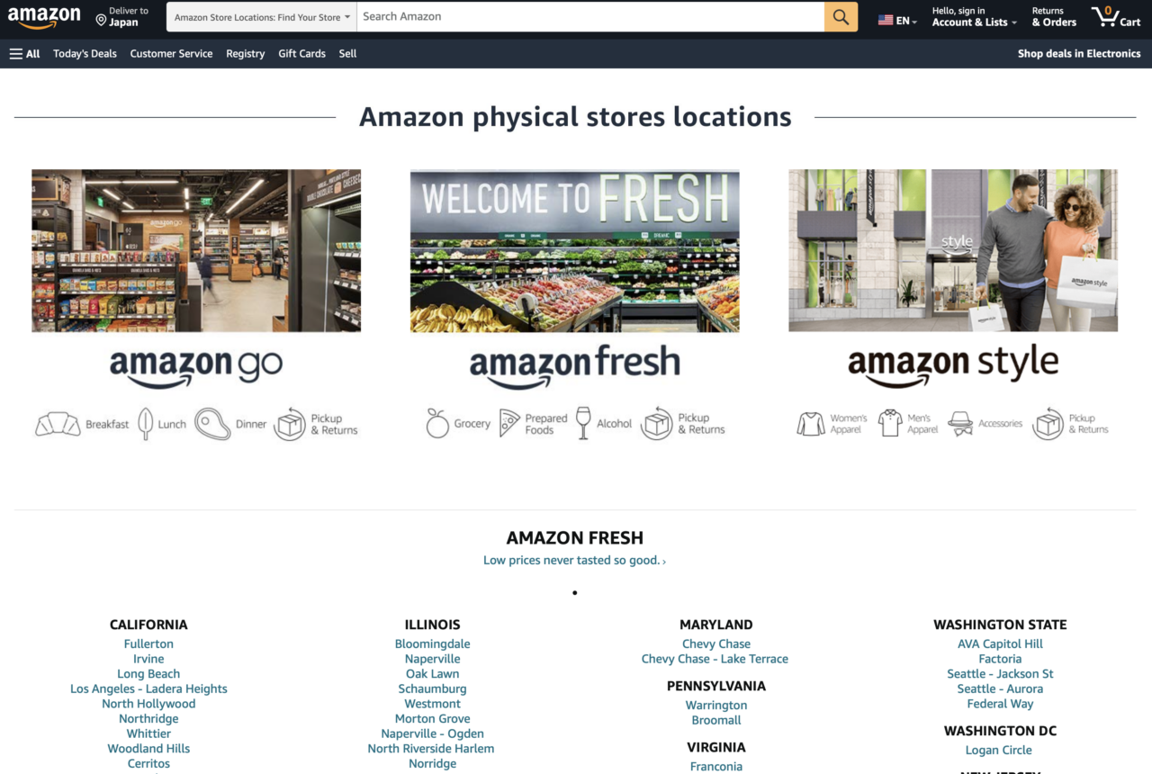 米アマゾンの直営リアル店舗（出所：米Amazon.com） かつては対面式書店など多様な店舗を展開していたが、現在は、SM「アマゾン・フレッシュ（Amazon Fresh）」、CVS「アマゾン・ゴー（Amazon Go）」、アパレル「Amazon Style（アマゾン・スタイル）」の3業種・業態