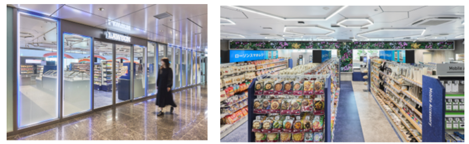 「ローソン高輪ゲートウェイシティ店」外観と「ローソン高輪ゲートウェイシティ店」店内