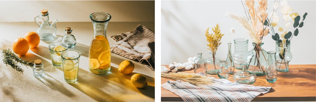 Standard Productsで販売するスペインのサンミゲル社の100％リサイクルガラスで作られた食器と花瓶