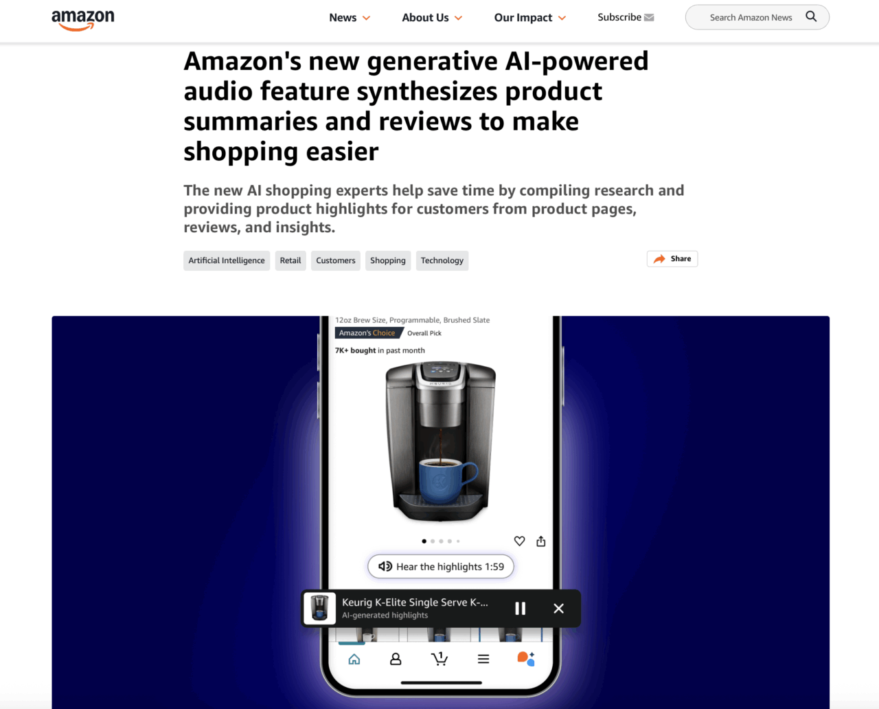 米アマゾンは音声要約の新機能「ヒアー・ザ・ハイライト(Hear the highlights)」のテストを米国で開始した